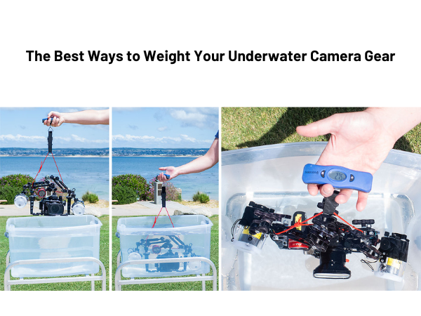 Diver balancing an underwater camera setup with weights in a pool setting